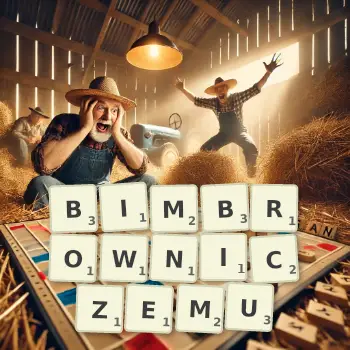 Kreatywna ilustracja do gry w Scrabble ze słowem BIMBROWNICZEMU ułożonym z płytek na planszy.