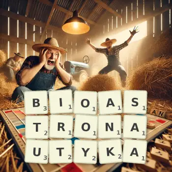 Kreatywna ilustracja do gry w Scrabble ze słowem BIOASTRONAUTYKA ułożonym z płytek na planszy.