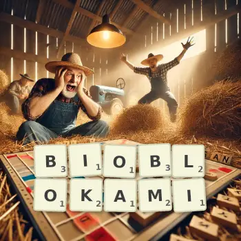 Kreatywna ilustracja do gry w Scrabble ze słowem BIOBLOKAMI ułożonym z płytek na planszy.