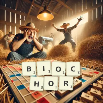 Kreatywna ilustracja do gry w Scrabble ze słowem BIOCHOR ułożonym z płytek na planszy.