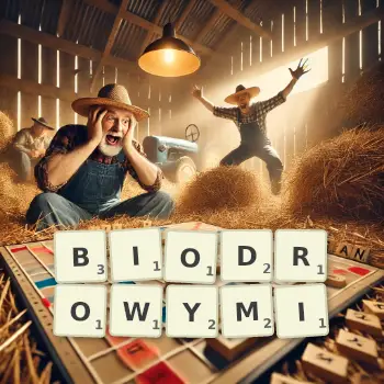 Kreatywna ilustracja do gry w Scrabble ze słowem BIODROWYMI ułożonym z płytek na planszy.