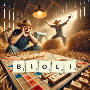 Kreatywna ilustracja do gry w Scrabble ze słowem BIOLI ułożonym z płytek na planszy.