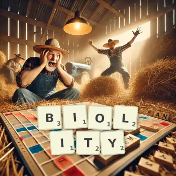 Kreatywna ilustracja do gry w Scrabble ze słowem BIOLITY ułożonym z płytek na planszy.