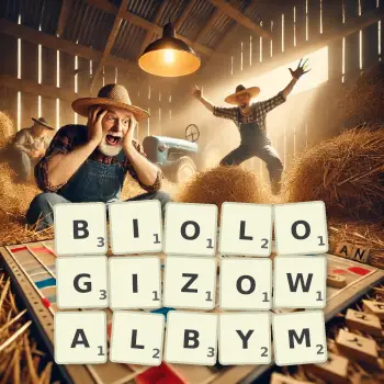 Kreatywna ilustracja do gry w Scrabble ze słowem BIOLOGIZOWALBYM ułożonym z płytek na planszy.
