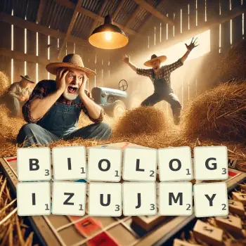 Kreatywna ilustracja do gry w Scrabble ze słowem BIOLOGIZUJMY ułożonym z płytek na planszy.