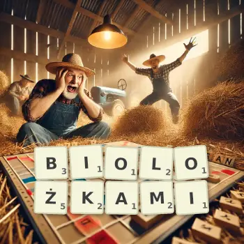 Kreatywna ilustracja do gry w Scrabble ze słowem BIOLOŻKAMI ułożonym z płytek na planszy.