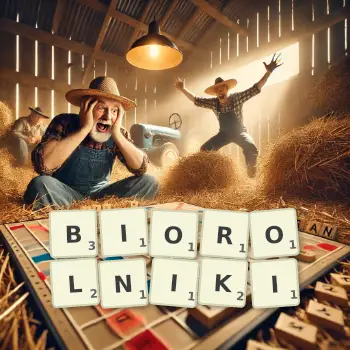 Kreatywna ilustracja do gry w Scrabble ze słowem BIOROLNIKI ułożonym z płytek na planszy.