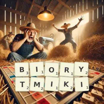 Kreatywna ilustracja do gry w Scrabble ze słowem BIORYTMIKI ułożonym z płytek na planszy.