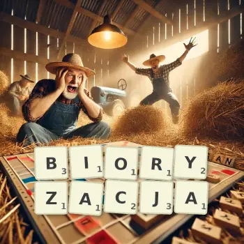 Kreatywna ilustracja do gry w Scrabble ze słowem BIORYZACJA ułożonym z płytek na planszy.