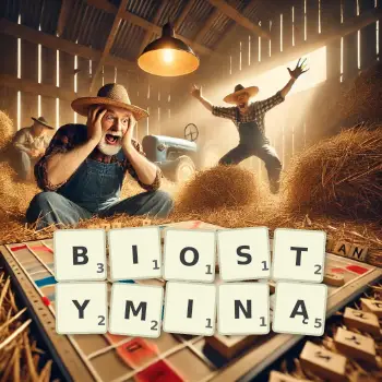 Kreatywna ilustracja do gry w Scrabble ze słowem BIOSTYMINĄ ułożonym z płytek na planszy.