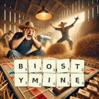 Kreatywna ilustracja do gry w Scrabble ze słowem BIOSTYMINĘ ułożonym z płytek na planszy.