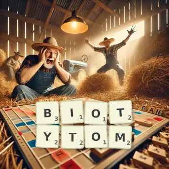Kreatywna ilustracja do gry w Scrabble ze słowem BIOTYTOM ułożonym z płytek na planszy.
