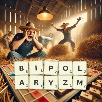 Kreatywna ilustracja do gry w Scrabble ze słowem BIPOLARYZM ułożonym z płytek na planszy.