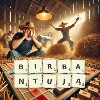 Kreatywna ilustracja do gry w Scrabble ze słowem BIRBANTUJĄ ułożonym z płytek na planszy.