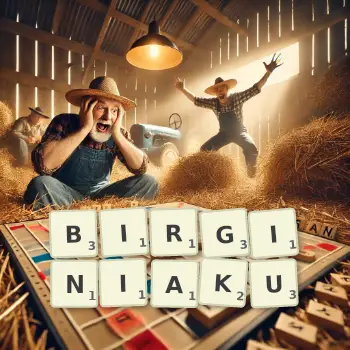 Kreatywna ilustracja do gry w Scrabble ze słowem BIRGINIAKU ułożonym z płytek na planszy.