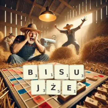 Kreatywna ilustracja do gry w Scrabble ze słowem BISUJŻE ułożonym z płytek na planszy.