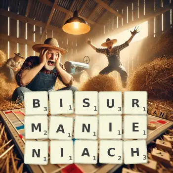 Kreatywna ilustracja do gry w Scrabble ze słowem BISURMANIENIACH ułożonym z płytek na planszy.