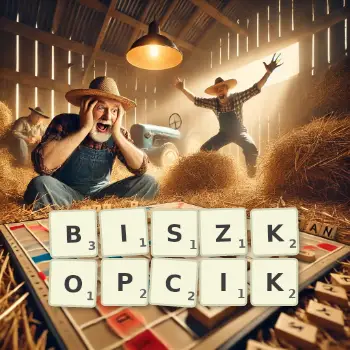 Kreatywna ilustracja do gry w Scrabble ze słowem BISZKOPCIK ułożonym z płytek na planszy.