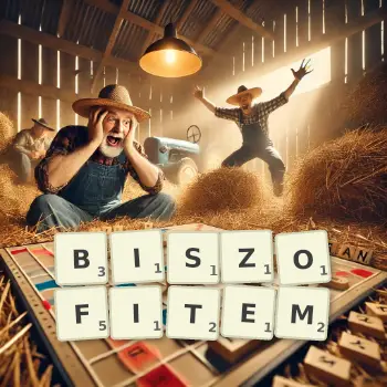 Kreatywna ilustracja do gry w Scrabble ze słowem BISZOFITEM ułożonym z płytek na planszy.