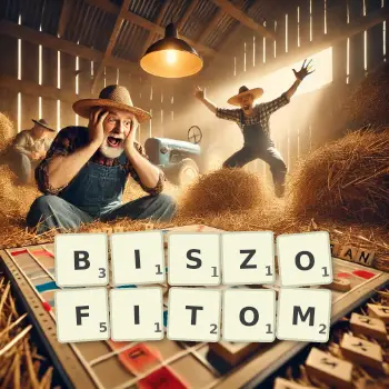 Kreatywna ilustracja do gry w Scrabble ze słowem BISZOFITOM ułożonym z płytek na planszy.