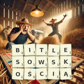 Kreatywna ilustracja do gry w Scrabble ze słowem BITLESOWSKOŚCIĄ ułożonym z płytek na planszy.