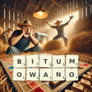 Kreatywna ilustracja do gry w Scrabble ze słowem BITUMOWANO ułożonym z płytek na planszy.