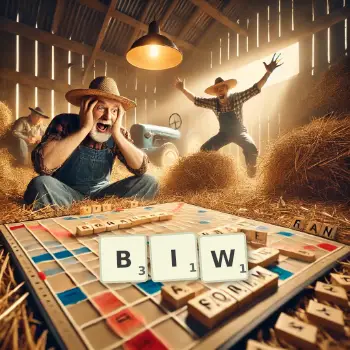 Kreatywna ilustracja do gry w Scrabble ze słowem BIW ułożonym z płytek na planszy.