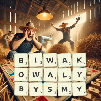 Kreatywna ilustracja do gry w Scrabble ze słowem BIWAKOWALYBYSMY ułożonym z płytek na planszy.