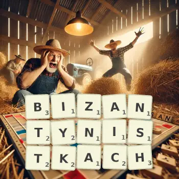 Kreatywna ilustracja do gry w Scrabble ze słowem BIZANTYNISTKACH ułożonym z płytek na planszy.