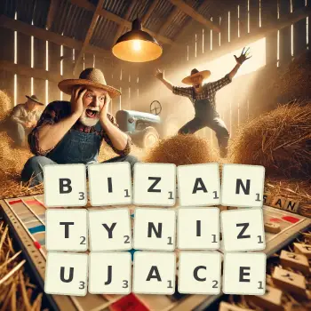 Kreatywna ilustracja do gry w Scrabble ze słowem BIZANTYNIZUJACE ułożonym z płytek na planszy.