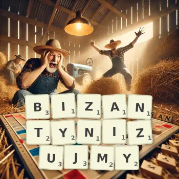 Kreatywna ilustracja do gry w Scrabble ze słowem BIZANTYNIZUJMY ułożonym z płytek na planszy.