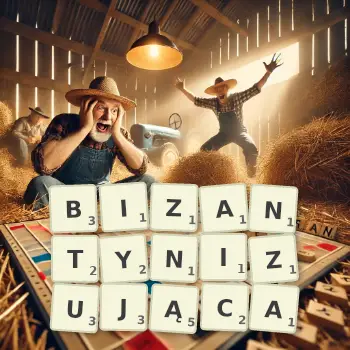 Kreatywna ilustracja do gry w Scrabble ze słowem BIZANTYNIZUJĄCA ułożonym z płytek na planszy.