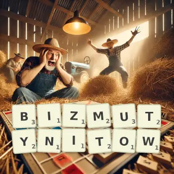 Kreatywna ilustracja do gry w Scrabble ze słowem BIZMUTYNITOW ułożonym z płytek na planszy.
