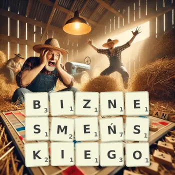 Kreatywna ilustracja do gry w Scrabble ze słowem BIZNESMEŃSKIEGO ułożonym z płytek na planszy.