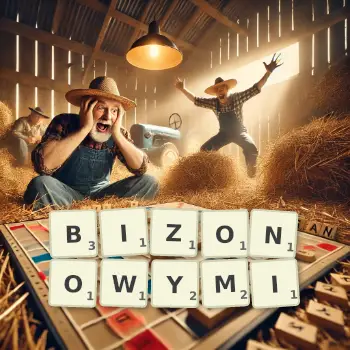 Kreatywna ilustracja do gry w Scrabble ze słowem BIZONOWYMI ułożonym z płytek na planszy.