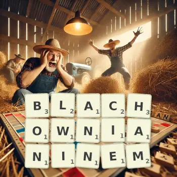 Kreatywna ilustracja do gry w Scrabble ze słowem BLACHOWNIANINEM ułożonym z płytek na planszy.