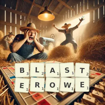 Kreatywna ilustracja do gry w Scrabble ze słowem BLASTEROWE ułożonym z płytek na planszy.