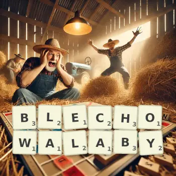 Kreatywna ilustracja do gry w Scrabble ze słowem BLECHOWALABY ułożonym z płytek na planszy.