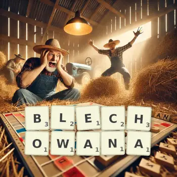 Kreatywna ilustracja do gry w Scrabble ze słowem BLECHOWANA ułożonym z płytek na planszy.