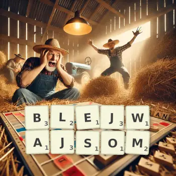 Kreatywna ilustracja do gry w Scrabble ze słowem BLEJWAJSOM ułożonym z płytek na planszy.