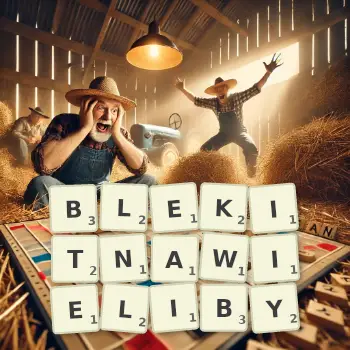 Kreatywna ilustracja do gry w Scrabble ze słowem BLEKITNAWIELIBY ułożonym z płytek na planszy.