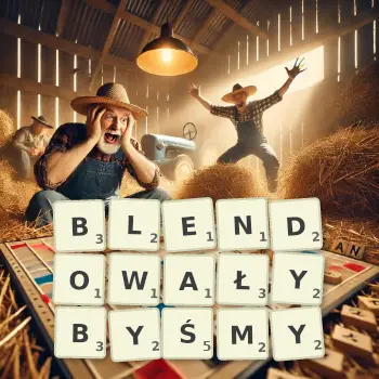 Kreatywna ilustracja do gry w Scrabble ze słowem BLENDOWAŁYBYŚMY ułożonym z płytek na planszy.