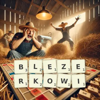 Kreatywna ilustracja do gry w Scrabble ze słowem BLEZERKOWI ułożonym z płytek na planszy.