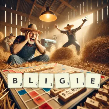 Kreatywna ilustracja do gry w Scrabble ze słowem BLIGIE ułożonym z płytek na planszy.