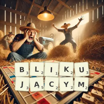 Kreatywna ilustracja do gry w Scrabble ze słowem BLIKUJĄCYM ułożonym z płytek na planszy.