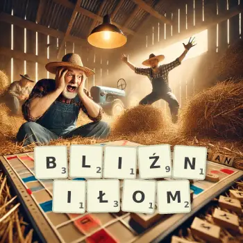 Kreatywna ilustracja do gry w Scrabble ze słowem BLIŹNIŁOM ułożonym z płytek na planszy.