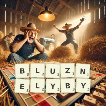Kreatywna ilustracja do gry w Scrabble ze słowem BLUZNELYBY ułożonym z płytek na planszy.