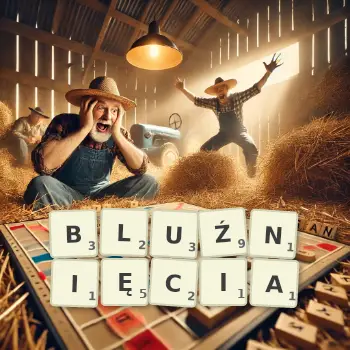 Kreatywna ilustracja do gry w Scrabble ze słowem BLUŹNIĘCIA ułożonym z płytek na planszy.