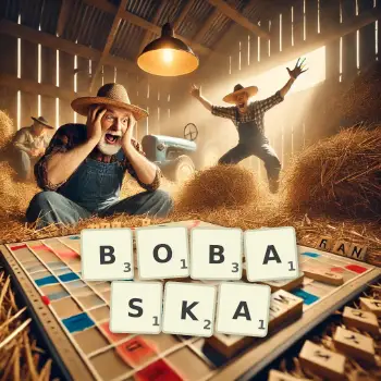 Kreatywna ilustracja do gry w Scrabble ze słowem BOBASKA ułożonym z płytek na planszy.