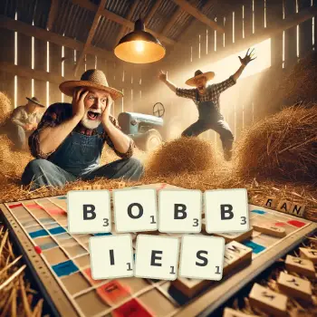 Kreatywna ilustracja do gry w Scrabble ze słowem BOBBIES ułożonym z płytek na planszy.
